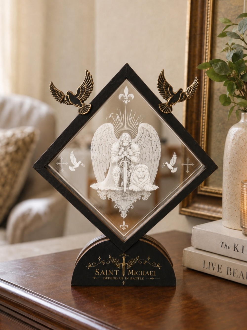 Saint Michael Archangel Display, Engraved Acrylic and Wood Catholic Decor